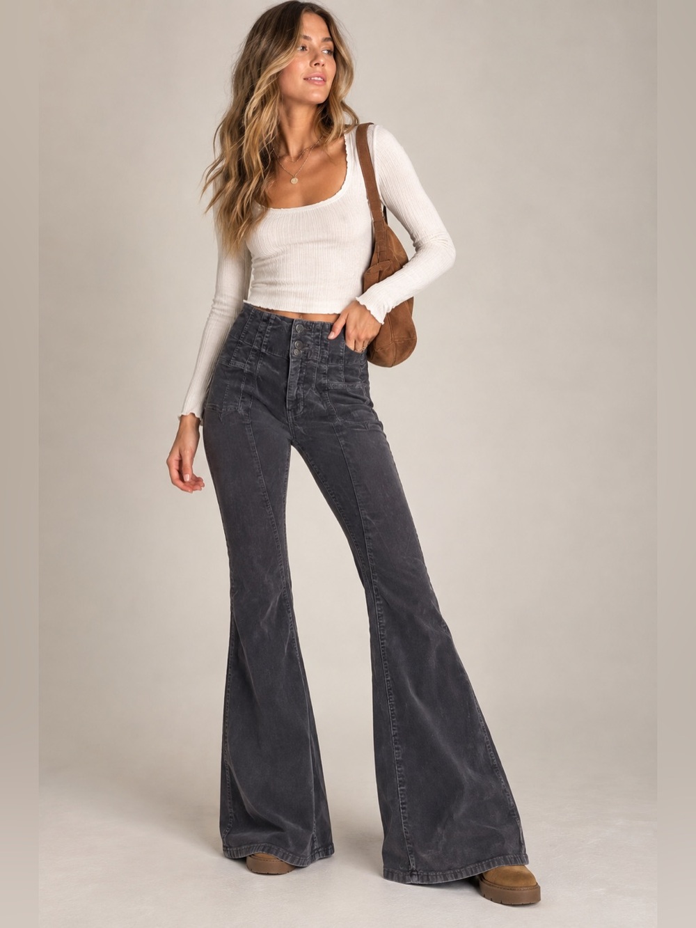 Free People We The Free Jayde Cord Flare Pants Charcoal Size 25 32” Inseam